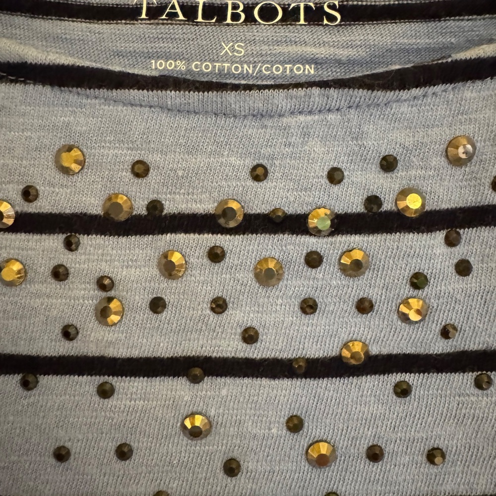 XS Talbots blue striped boatneck top with studs on front